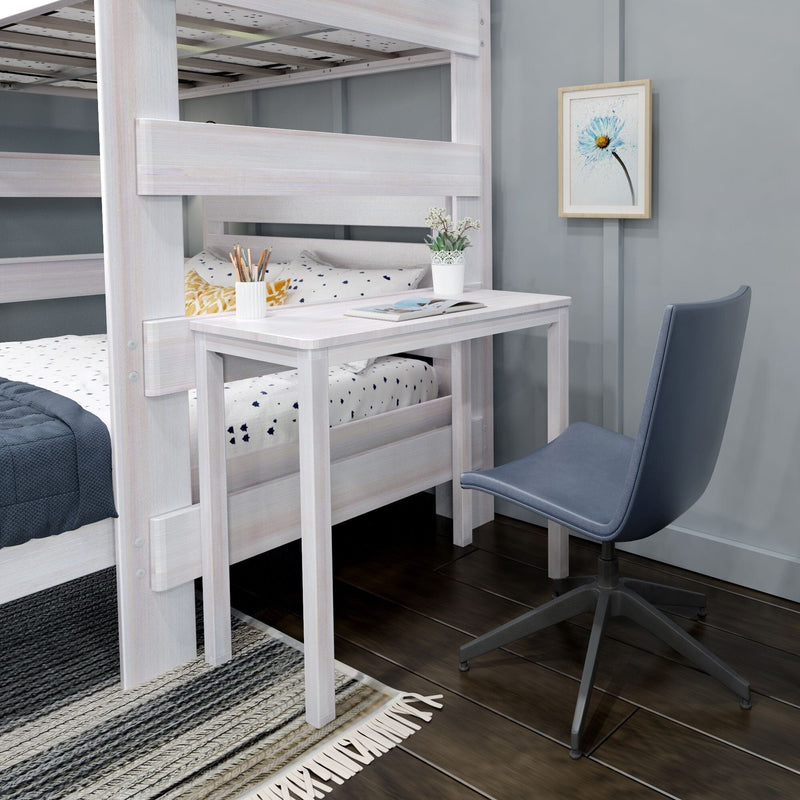 White wooden bunk bed with built-in desk and blue swivel chair in a compact kids' bedroom study nook, star-print bedding, potted plant, pencils and framed wall art