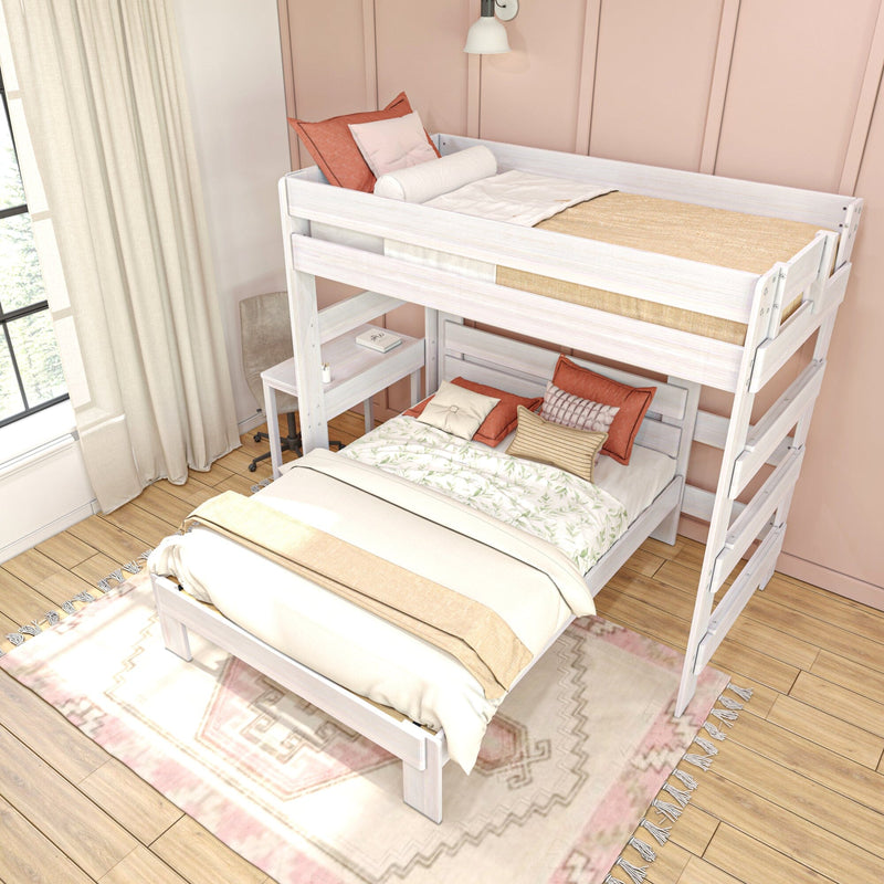 White wooden loft bunk bed with built-in desk, boho pillows and layered bedding in a pastel pink kids' bedroom with natural rug and linen curtains