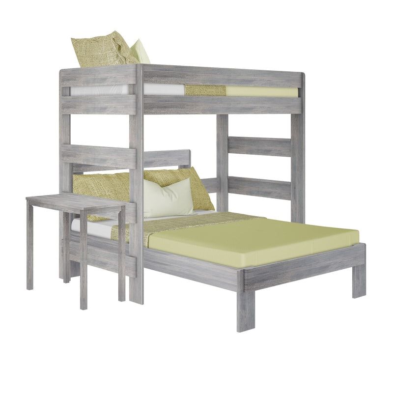 Gray wood loft-style bunk bed with green bedding and pillows, safety rails and integrated side table, modern farmhouse kids' bedroom furniture
