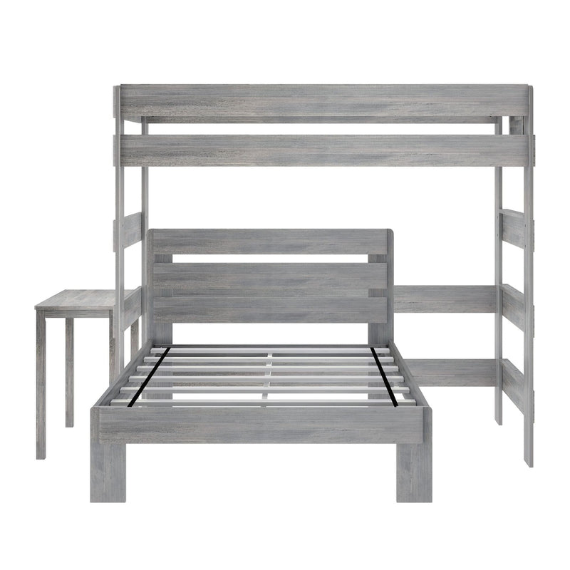 Gray wooden twin-over-full bunk bed frame with slatted headboards, ladder supports, center metal mattress straps and rustic weathered finish