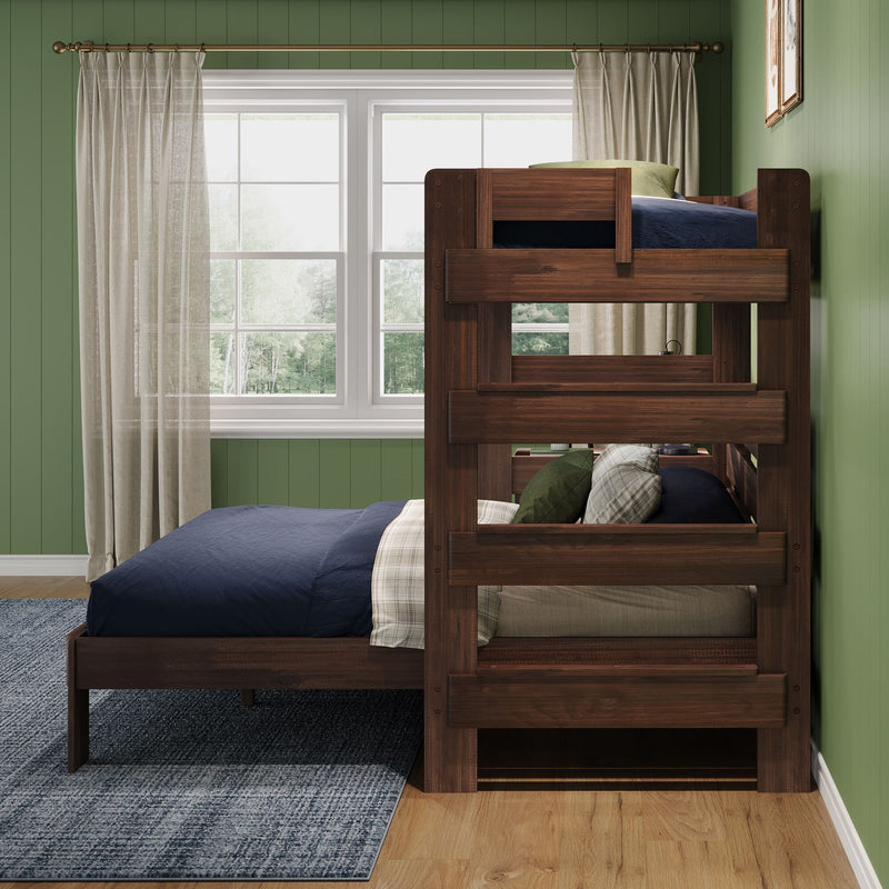 Dark wooden bunk bed in a green paneled bedroom with navy bedding, plaid and green pillows, sheer linen curtains and a sunlit window — modern rustic kids' bedroom design