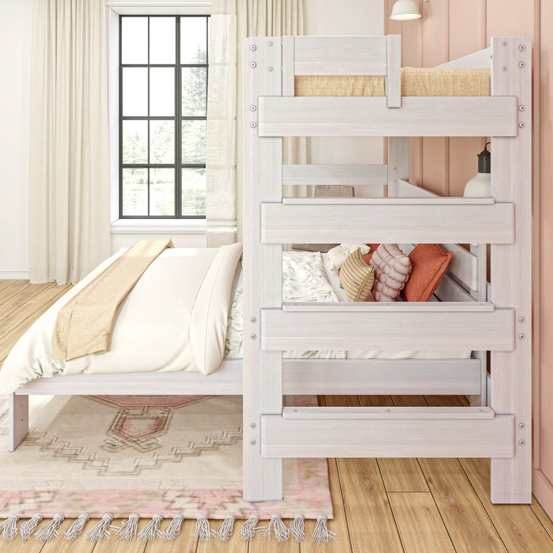Whitewashed wooden bunk bed in a bright neutral kids' bedroom with large window, cream curtains, cozy floral bedding and pastel pillows