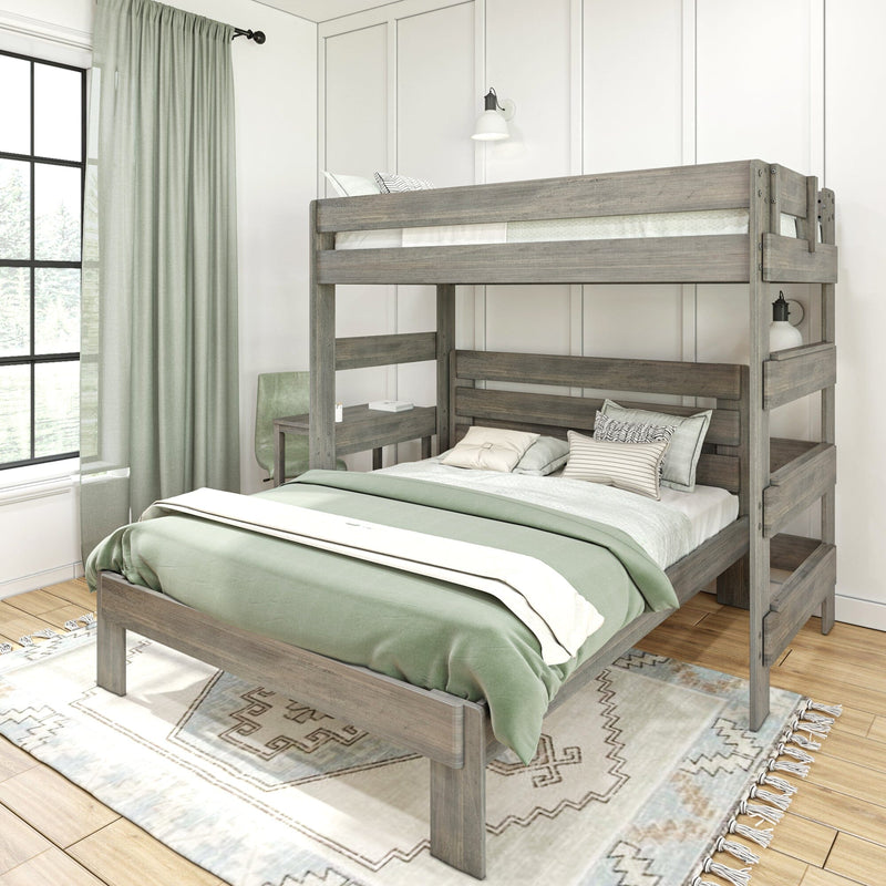 Rustic gray wooden bunk bed with sage green bedding in modern farmhouse bedroom, loft desk, patterned rug and window