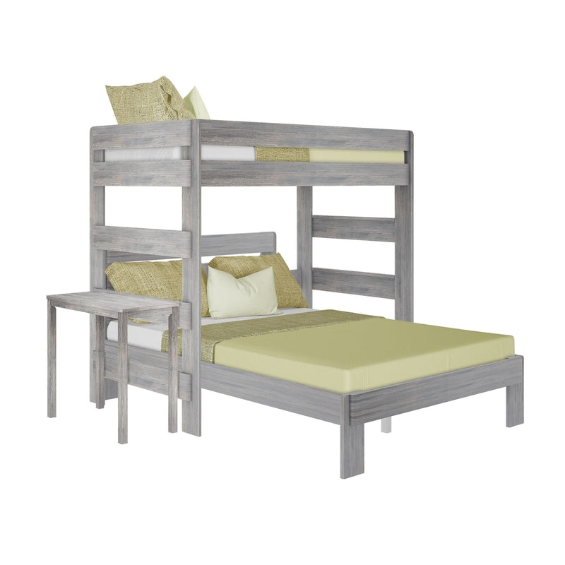 Weathered gray wooden twin-over-full bunk bed with integrated ladder, small side table and pale green bedding and pillows on a white background