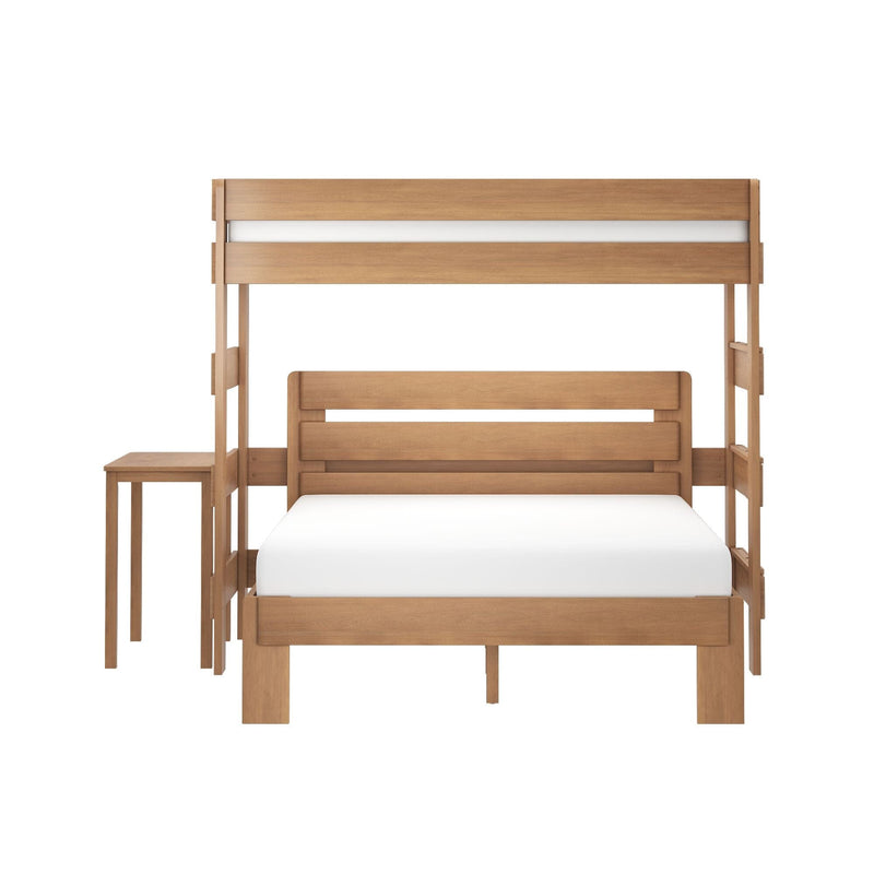Modern natural oak bunk bed frame with slatted headboard, white mattress and small wooden side table
