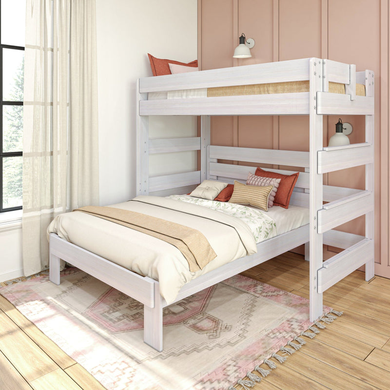 Whitewashed wooden bunk bed in modern boho bedroom with neutral beige bedding, rust accent pillows, pink paneled wall and sheer curtains