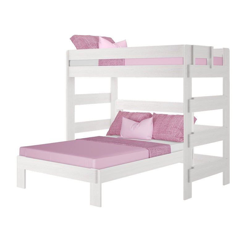White wooden twin-over-full bunk bed with pink bedding and pillows, modern kids loft bunk with guardrail and space-saving design