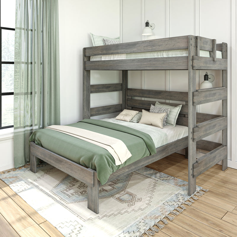 Rustic gray wooden twin-over-full bunk bed with green bedding, ladder, wall sconces and sheer curtains in modern farmhouse bedroom