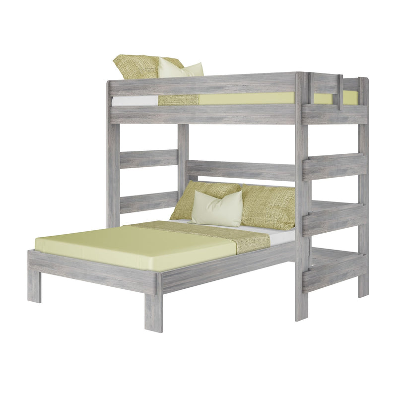 Grey wood twin-over-full bunk bed with sage green bedding, ladder and safety guardrails, modern farmhouse space-saving design