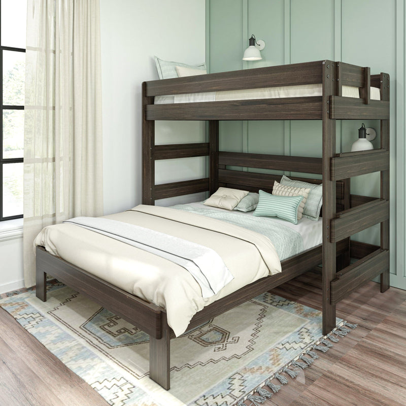 Dark wood twin-over-full bunk bed in modern farmhouse style with neutral pastel bedding, guardrails and ladder, set against a mint paneled wall with wall sconces, sheer curtains and patterned area rug in a bright kids' bedroom