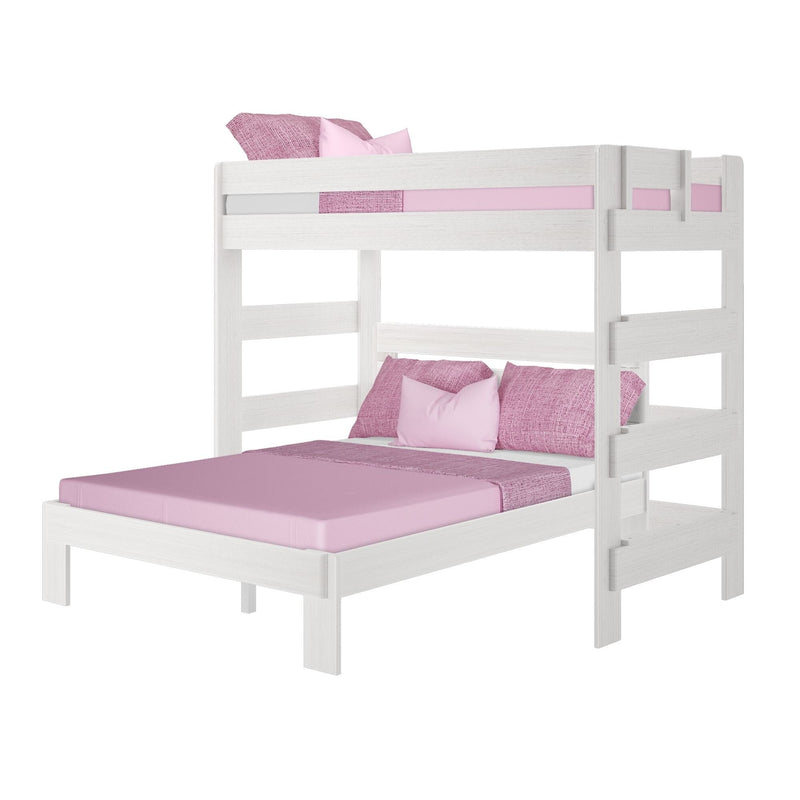 White wooden twin-over-full bunk bed with pink bedding, guardrails and ladder, space-saving kids bedroom furniture