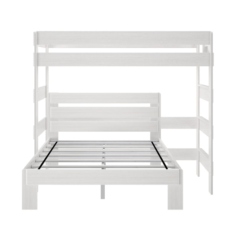 White painted wooden bunk bed frame with slatted mattress supports and guard rails, modern minimalist kids' bedroom furniture
