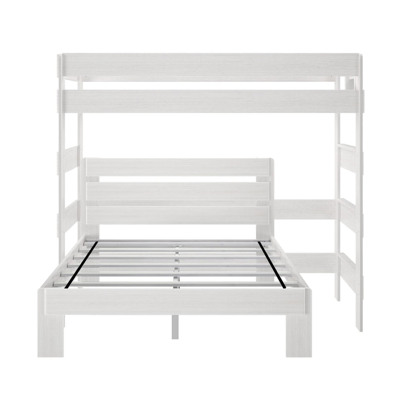 White wooden twin-over-full bunk bed with slatted mattress platforms, safety guardrails and side ladder, modern space-saving kids' bedroom furniture