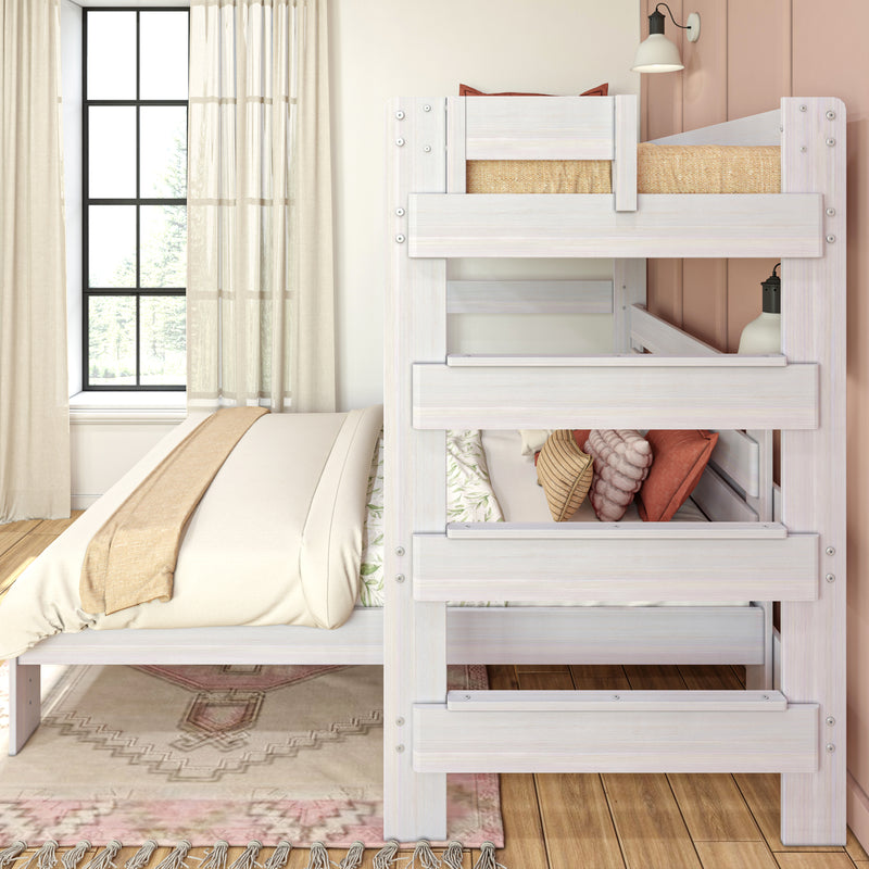 Whitewashed wooden bunk bed in a neutral modern farmhouse bedroom with beige bedding, textured pillows, wall sconce and large grid window with sheer curtains
