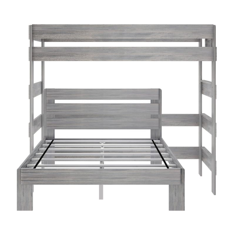 Gray-washed wooden twin-over-full bunk bed frame with slatted platform and modern farmhouse finish