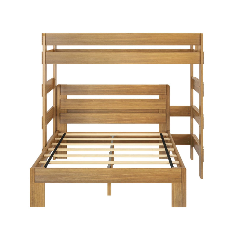 Natural oak-finish wooden bunk bed frame with slatted mattress supports, safety rails and ladder-style side supports — modern minimalist kids' bedroom furniture