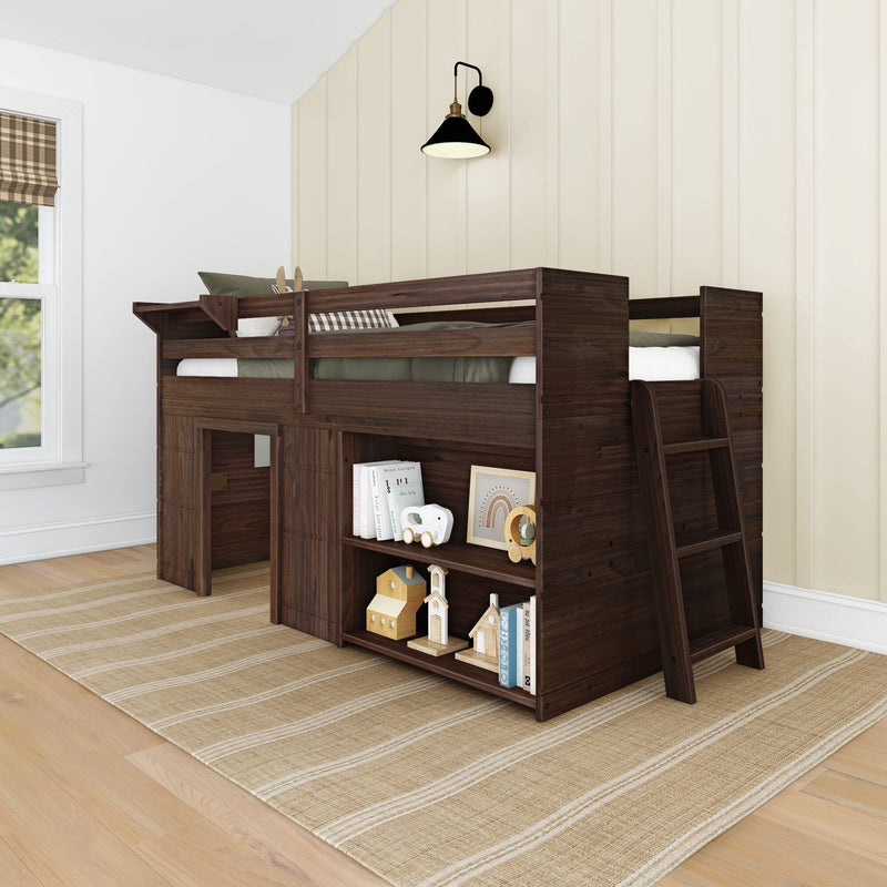 Dark walnut loft bunk bed with built-in storage shelves and ladder in a kids' bedroom, beige paneled wall, woven rug and black wall sconce
