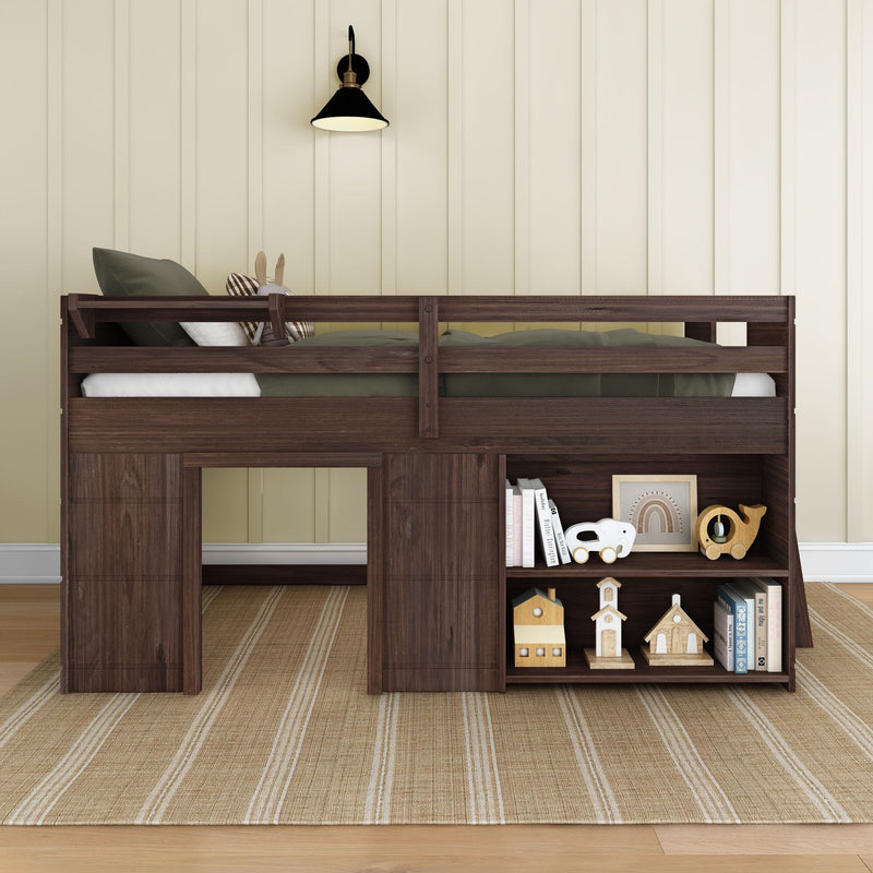 Dark walnut kids loft bed with built-in storage shelves, wooden toys, green bedding and beige paneled wall
