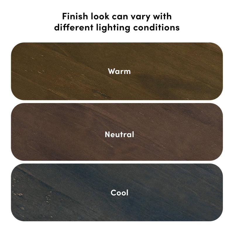 Wood floor finish swatches labeled "Warm," "Neutral," and "Cool" demonstrating how wood color and tone vary under different lighting conditions