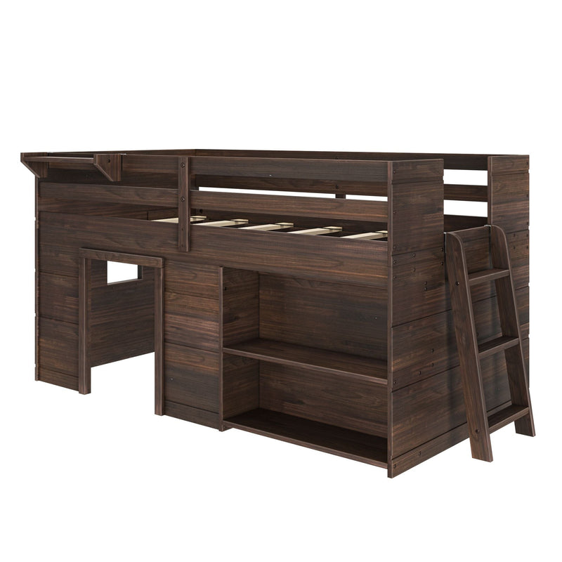 Dark walnut wooden loft bed with ladder, slatted mattress support and built-in storage shelves – space-saving kids loft bed frame