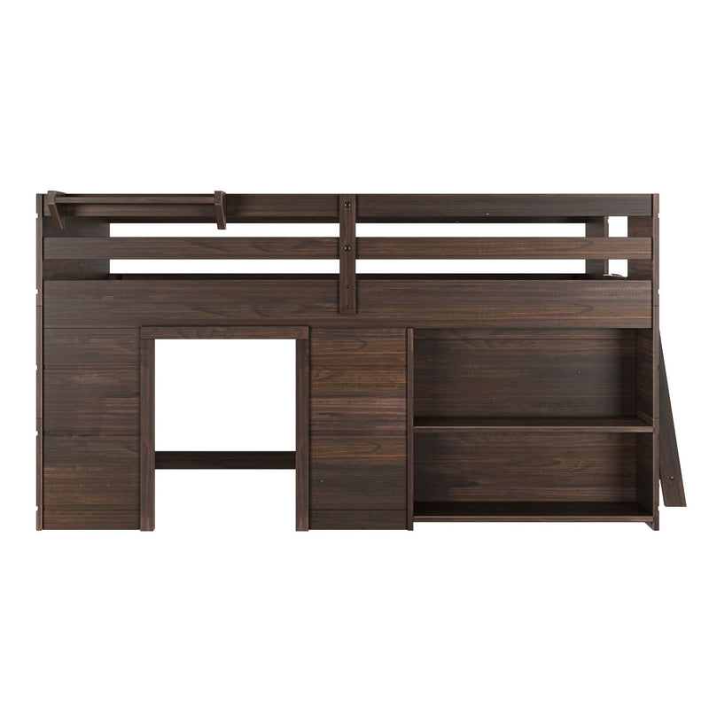 Dark brown wooden loft bed frame with built-in storage shelves, ladder opening and guardrail for kids' bedroom