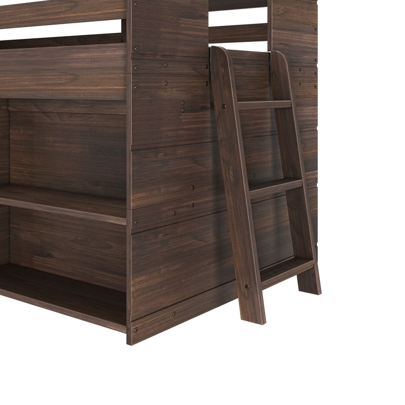 Close-up of dark walnut wooden bunk bed ladder and slatted frame showing sturdy rungs, visible screw hardware and rich wood grain finish