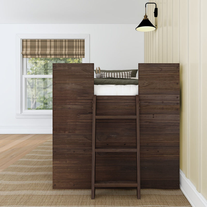 Kids loft bed in dark wood with built-in ladder and storage panels, plaid Roman shade, green plaid pillow, wall sconce and stuffed bunny in a neutral children's bedroom