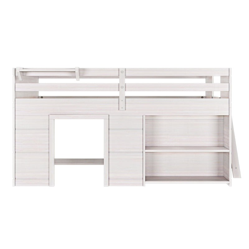 White wooden twin loft bed with safety rail, built-in storage shelves and ladder, farmhouse finish