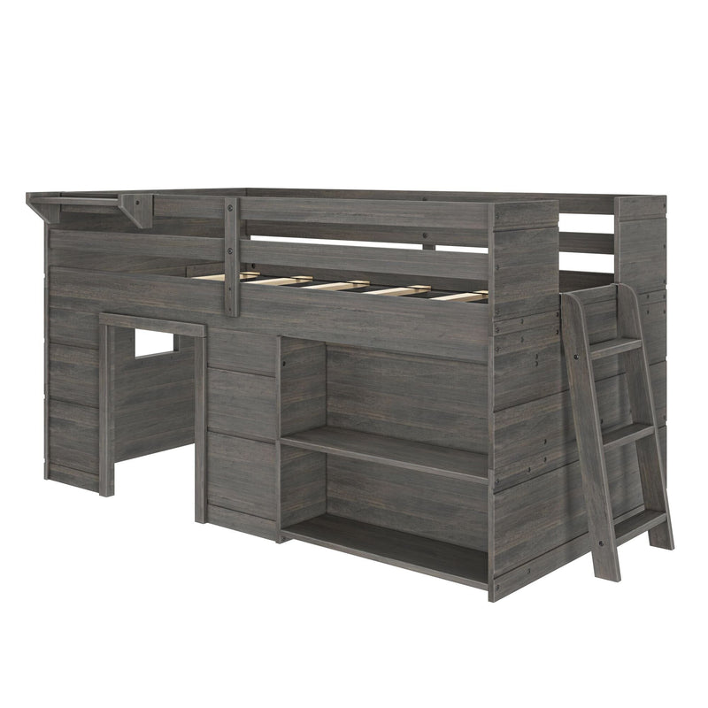 Gray wooden loft bed frame with ladder, slatted mattress support and built-in storage cubbies, rustic modern kids loft bed