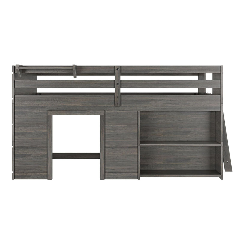 Farmhouse gray wooden loft bed with built-in shelves, storage cubbies, ladder and safety guardrail
