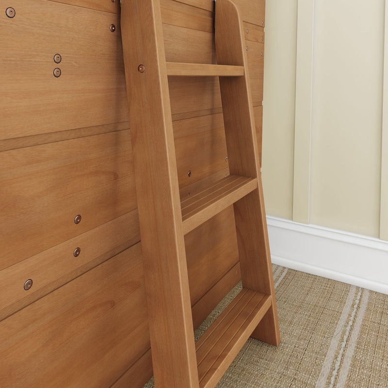 Close-up of a light wood leaning ladder against wood-paneled wall in an interior room with beige wainscoting and textured carpet