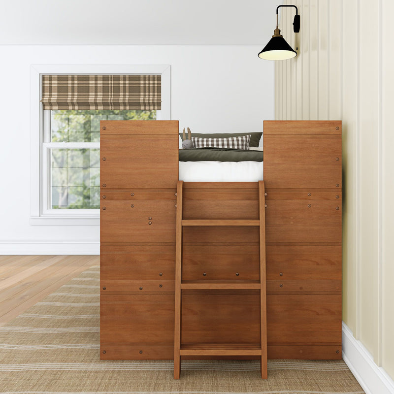 Wooden twin loft bed with ladder and built-in storage in a bright modern farmhouse bedroom with plaid Roman shade and neutral rug