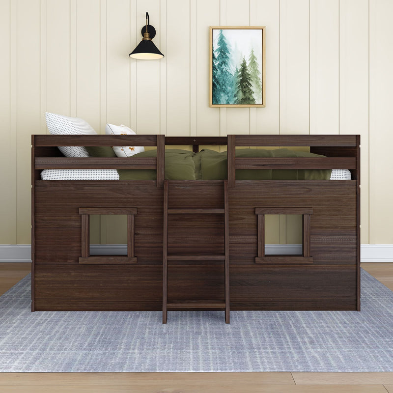 Dark wooden bunk bed with ladder and olive-green bedding in a modern farmhouse kids' bedroom with framed forest watercolor and black wall sconce on cream shiplap wall