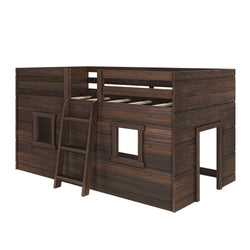 Wooden loft bed with ladder and built-in playhouse design for kids' bedroom furniture.