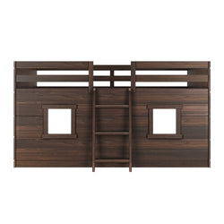 Wooden bunk bed with ladder and two windows, perfect for children's room.