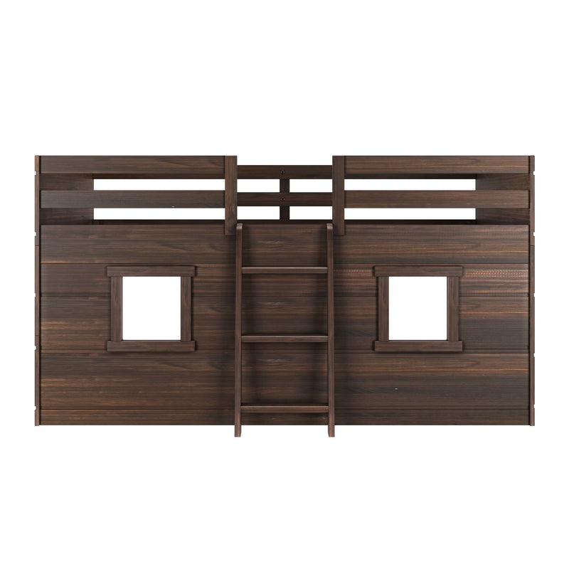 Wooden bunk bed with ladder and two windows, perfect for children's room.