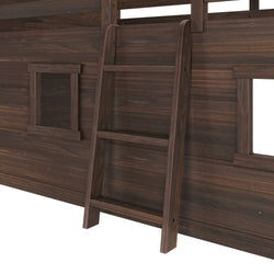 Wooden playhouse ladder with dark finish attached to a wall.
