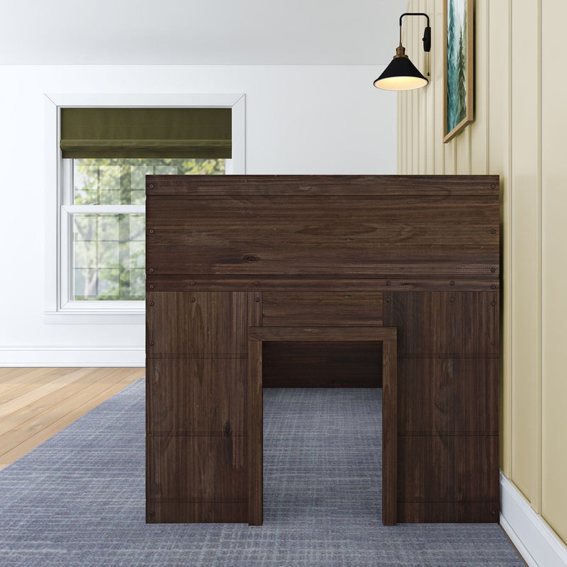Dark wood headboard in modern farmhouse bedroom interior with oak hardwood floor and blue area rug, window with olive green Roman shade, black wall sconce and framed nature artwork on beige vertical shiplap wall