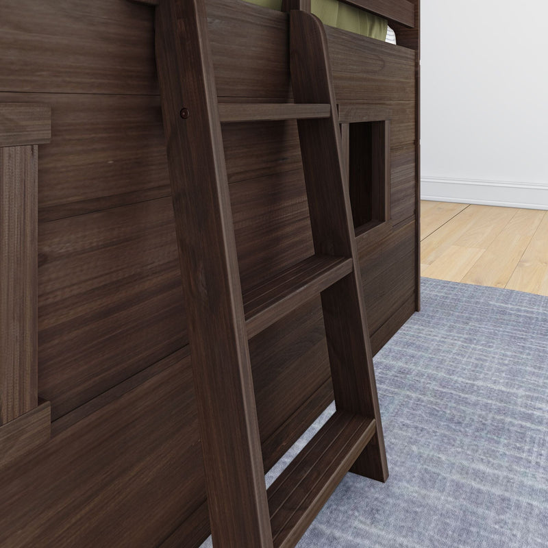 Close-up of dark walnut wooden ladder attached to a loft bunk bed with built-in storage panels, hardwood floor and gray area rug