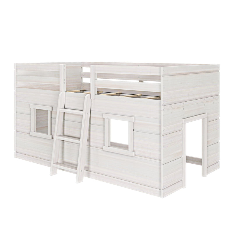 White wooden kids loft bed with ladder and safety guardrails, playhouse-style top bunk featuring window cutouts and open play space underneath