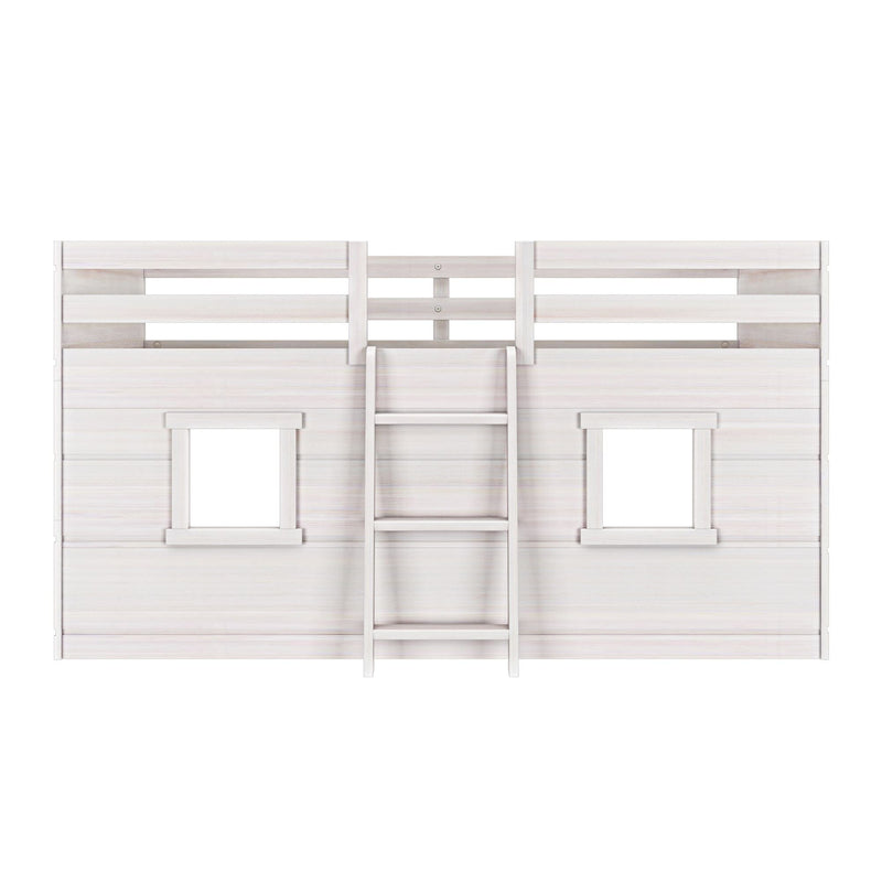 Whitewashed wooden children's loft bed playhouse with center ladder and two window openings