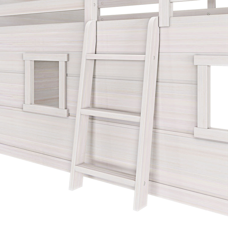 Whitewashed wooden loft bed ladder close-up showing light wood bunk bed frame with small window panels