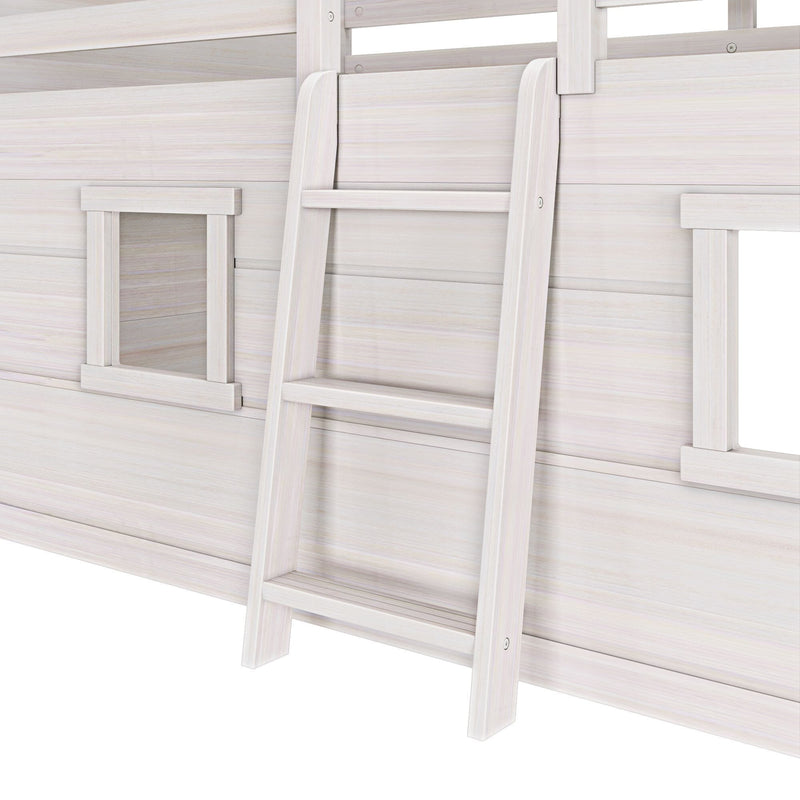 Whitewashed wooden loft bed ladder close-up showing light wood bunk bed frame with small window panels