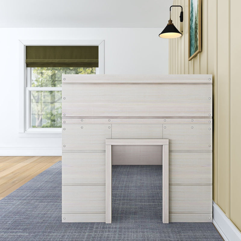 Modern bedroom interior with whitewashed wood-panel headboard, olive-green Roman shade over grid window, black industrial wall sconce, beige vertical shiplap wall, light hardwood floor and blue textured area rug