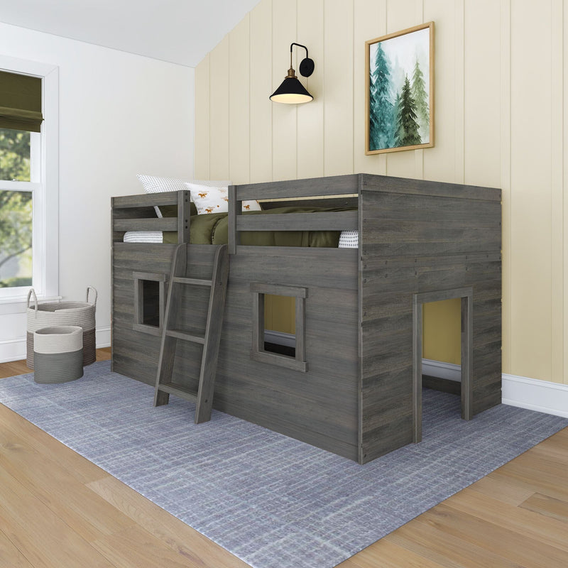 Gray wooden loft bunk playhouse bed with ladder, green bedding, wall sconce and framed pine tree art in a neutral kids' bedroom