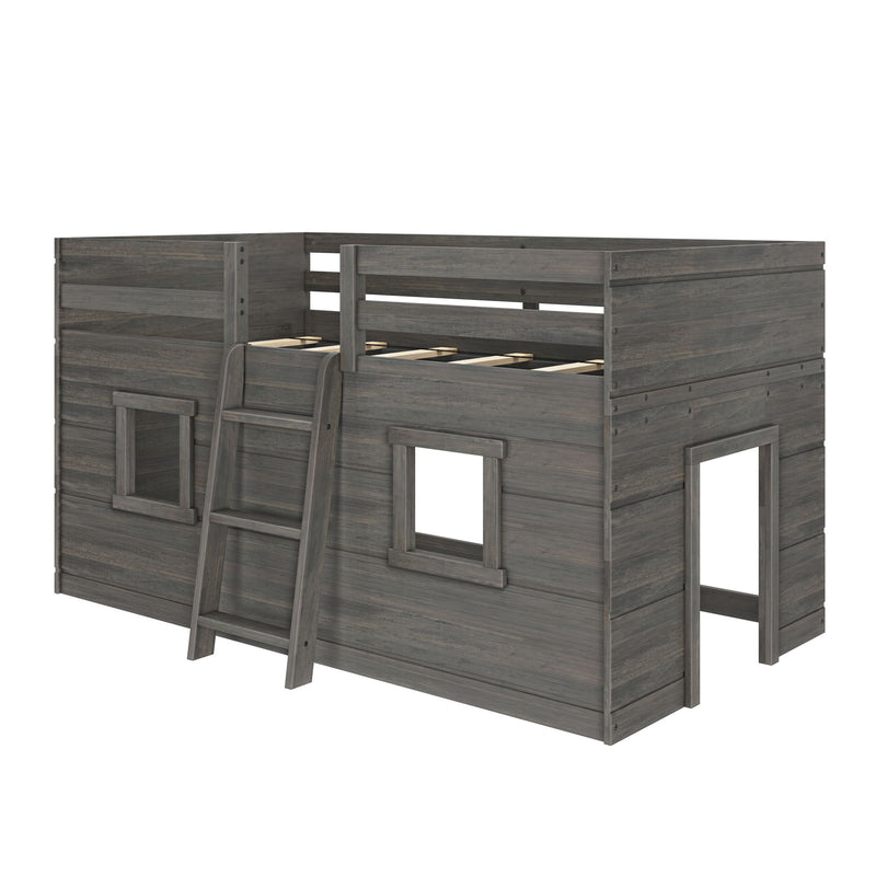 Grey wooden loft bed playhouse with ladder, upper guardrails and lower playhouse area in a rustic gray finish