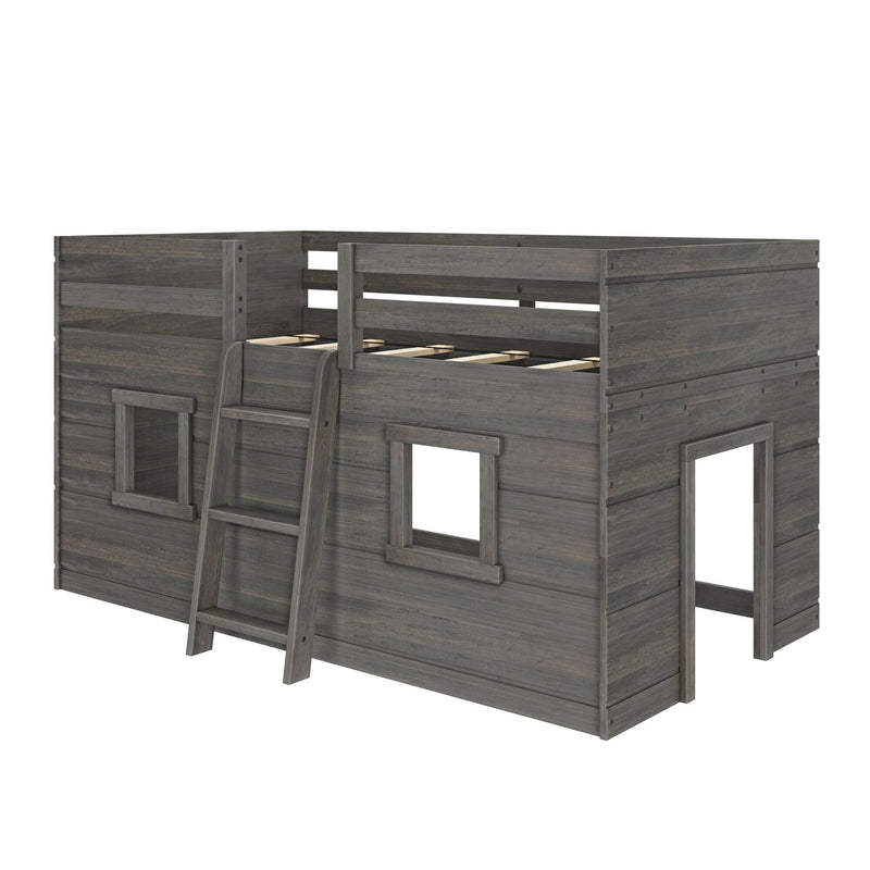 Grey wooden loft bed playhouse with ladder, upper guardrails and lower playhouse area in a rustic gray finish