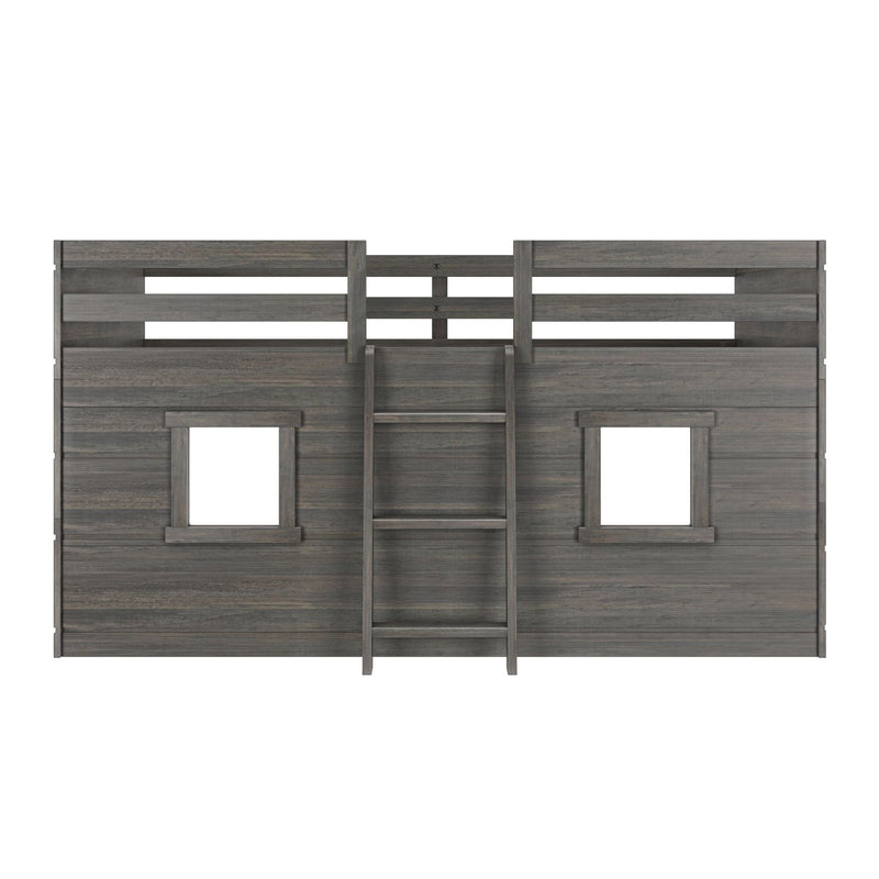 Gray wooden loft bed playhouse headboard with built-in ladder and two rectangular windows, rustic weathered finish for kids bedroom