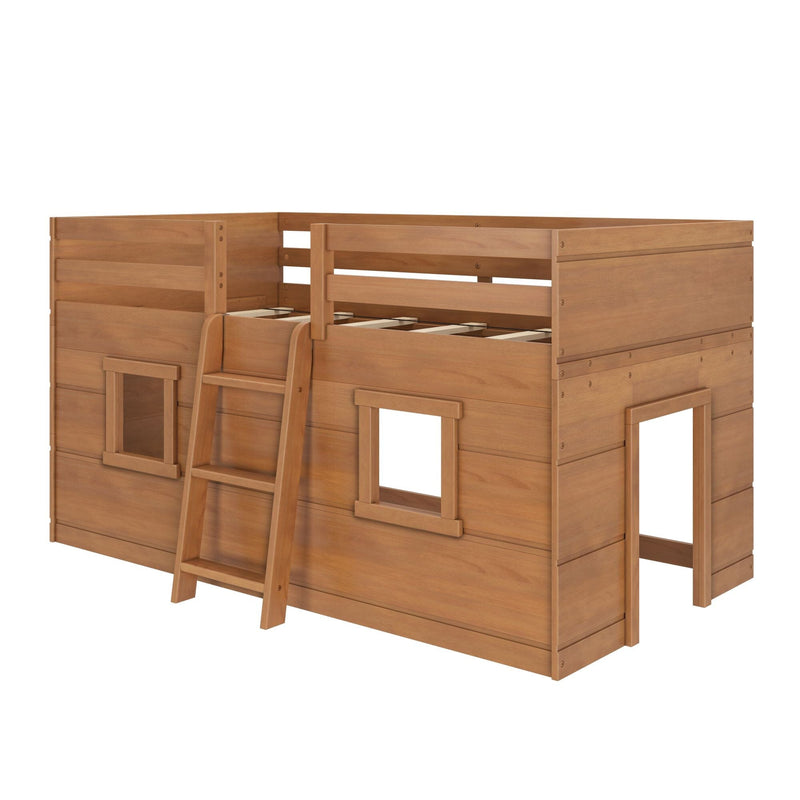 Wooden kids loft bed with ladder, top guardrail and playhouse-style lower cabin in natural wood finish