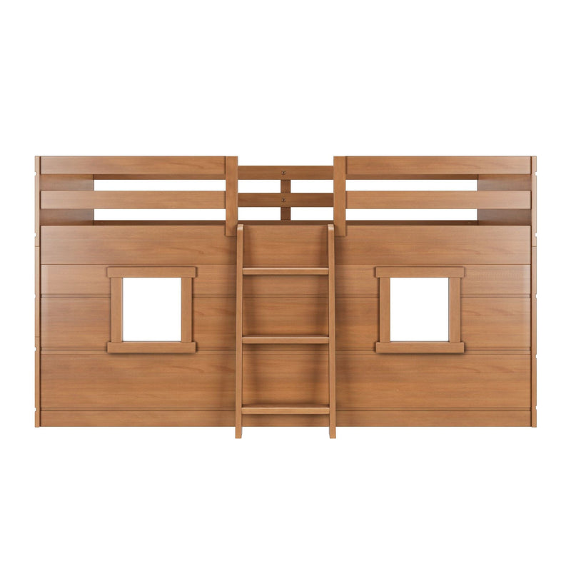 Wooden loft bed with ladder and windows.